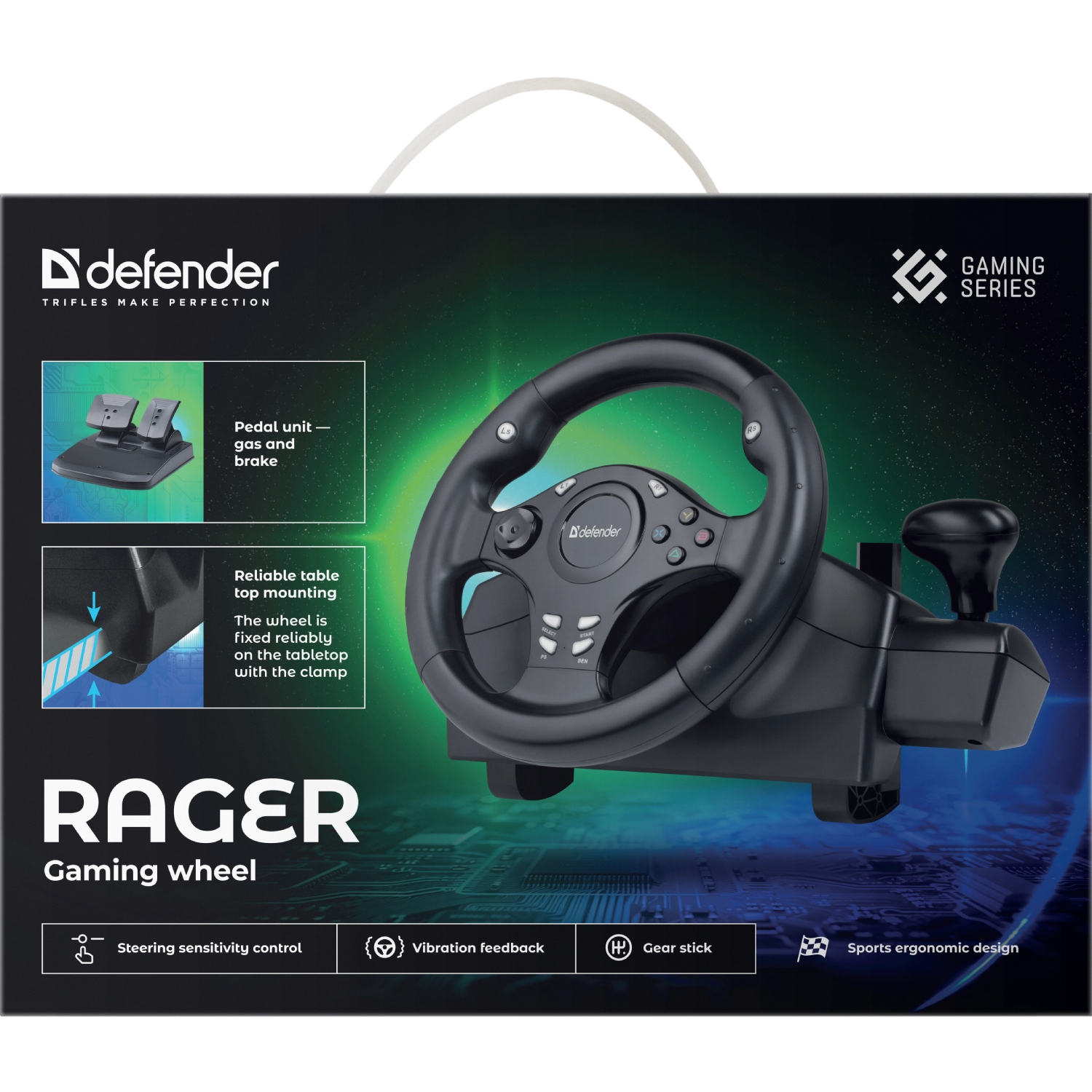 Ігрове кермо з двома педалями Defender Rager PC/PS/Xbox/Switch, чорне (64067) на малюнкі №7