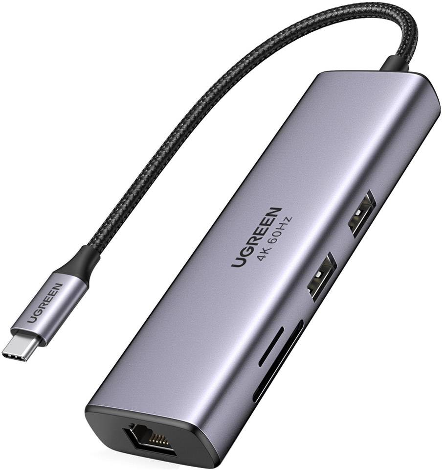 Док-станція USB3.1 Type-C -- HDMI 4K60Hz/USB 3.0x2/RJ45/SD/TF/PD 100W Ugreen CM512 Сіра (60515) на малюнкі №1