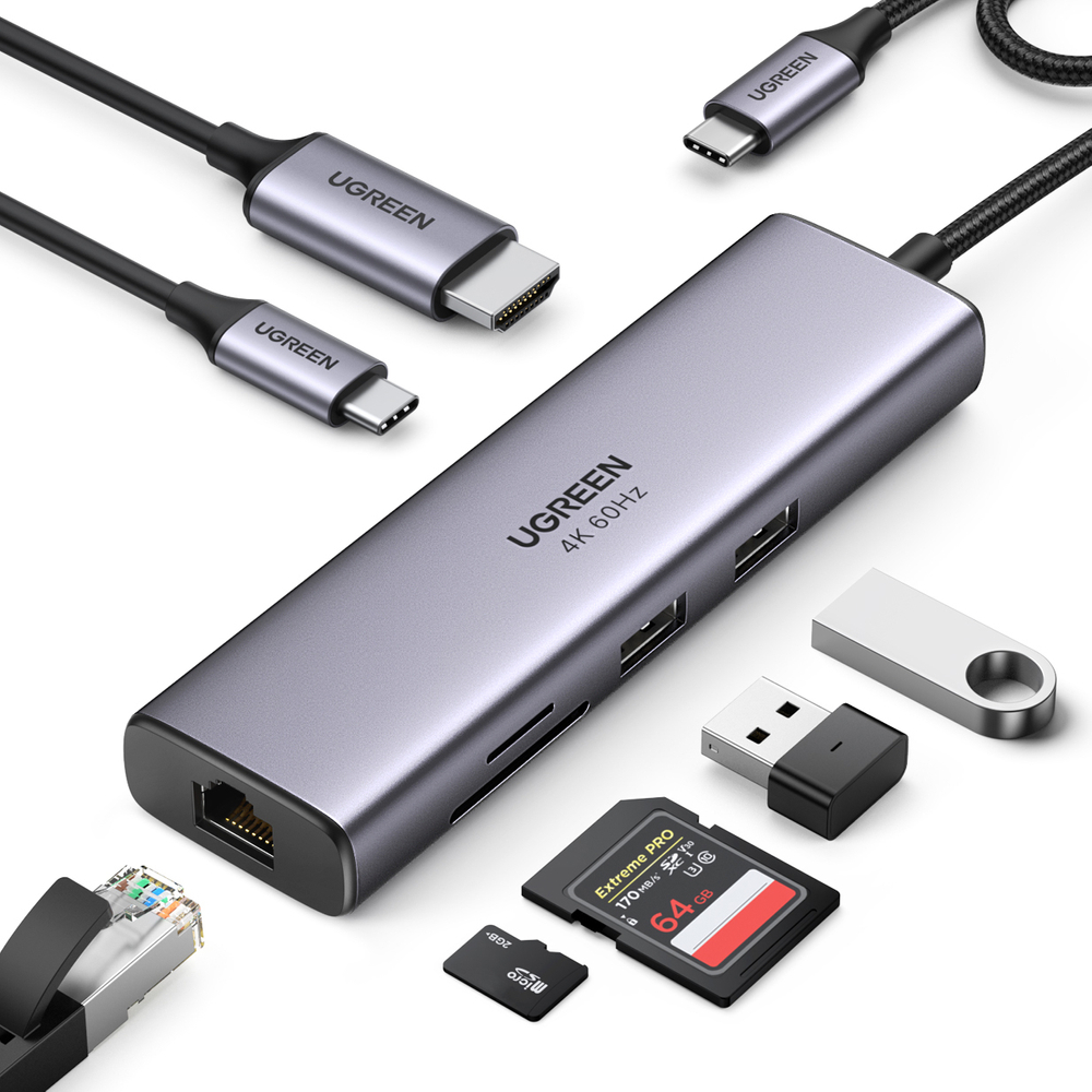 Док-станція USB3.1 Type-C -- HDMI 4K60Hz/USB 3.0x2/RJ45/SD/TF/PD 100W Ugreen CM512 Сіра (60515) на малюнкі №2