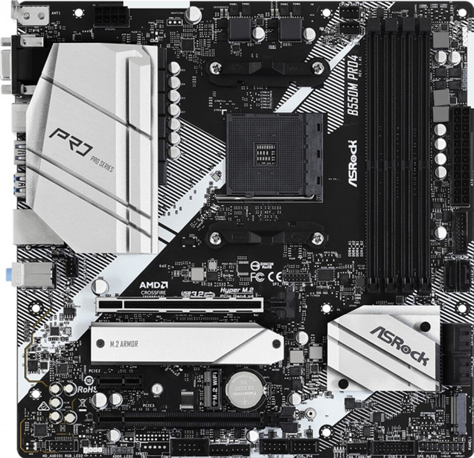 ASRock (AM4/B550, 4*DDR4, 2xPCIex16, DP/HDMI/VGA, 6xSATA, 3xM.2, GLan, 7.1ch, mATX) (B550M Pro4) на малюнкі №1
