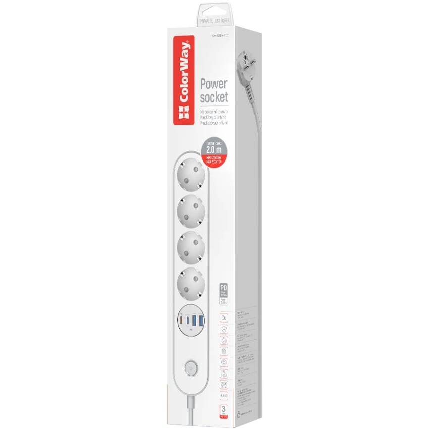 Мережевий фільтр-подовжувач СolorWay 4 розетки/4USB (Type-C 2PD20W + 2USB QC3.0) (20W) White 2M (CW-CHE44PDW) Білий на малюнкі №6