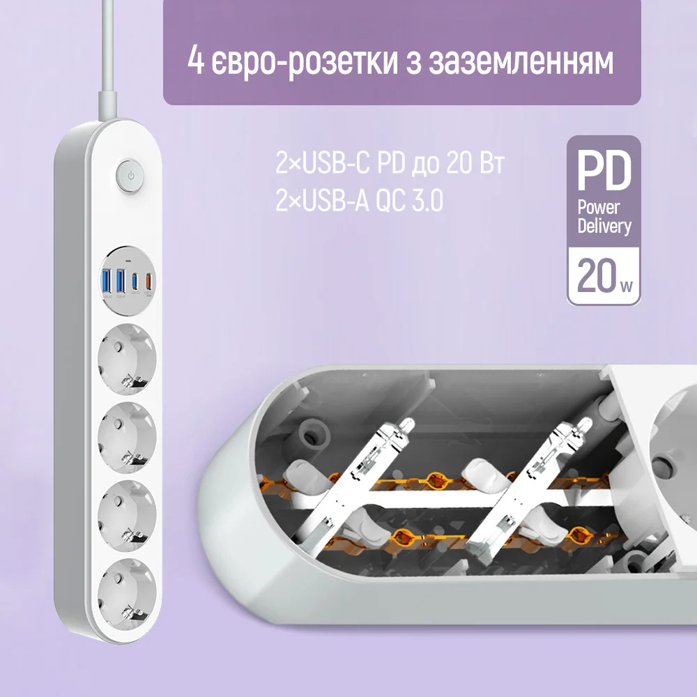 Мережевий фільтр-подовжувач СolorWay 4 розетки/4USB (Type-C 2PD20W + 2USB QC3.0) (20W) White 2M (CW-CHE44PDW) Білий на малюнкі №7