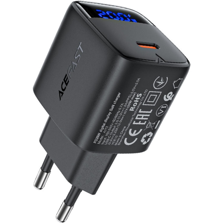 Зарядний пристрій 1xUSB-C 20W Gan A113 Fast Charger with digital display black Acefast (6974316284413) на малюнкі №1