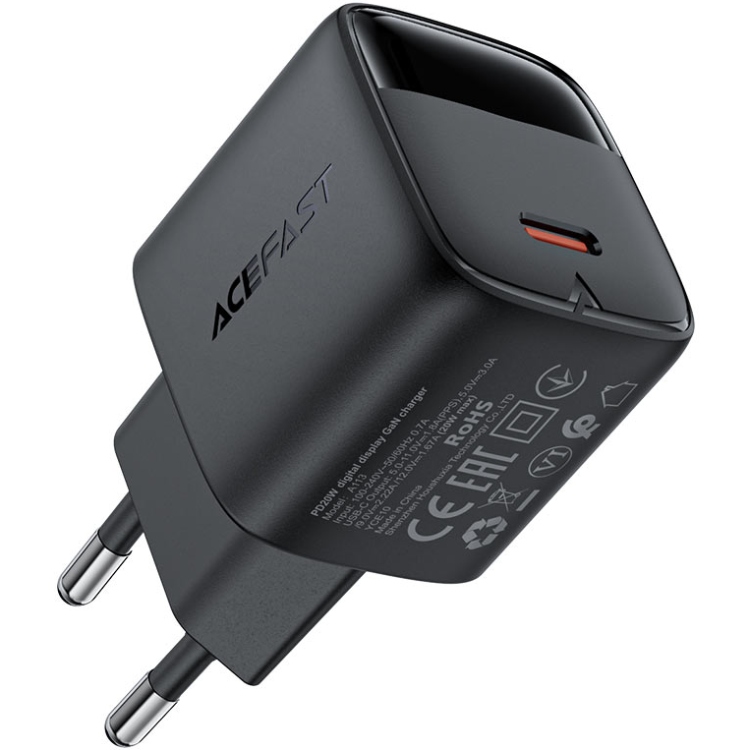 Зарядний пристрій 1xUSB-C 20W Gan A113 Fast Charger with digital display black Acefast (6974316284413) на малюнкі №4