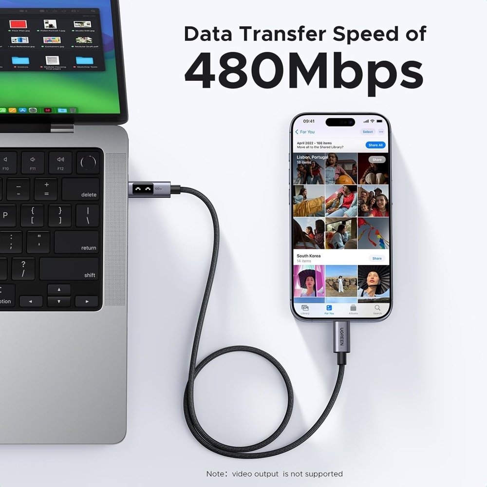 Кабель USB 2.0 Type-C M-M, 1 м, 100W, 5A （480Mbps）Smart display Чорний, L509 UGREEN (35501) Чорний на малюнкі №4