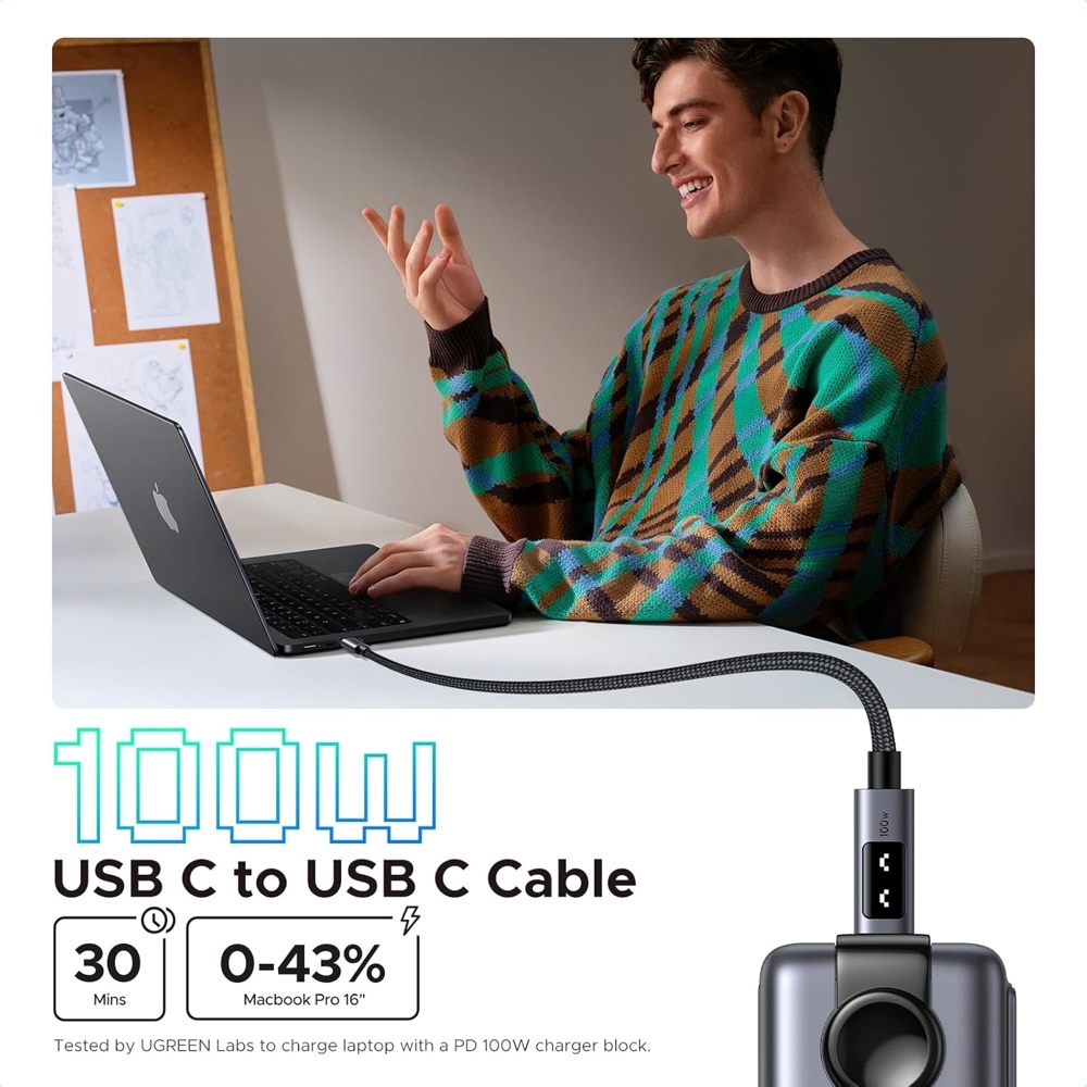 Кабель USB 2.0 Type-C M-M, 1 м, 100W, 5A （480Mbps）Smart display Чорний, L509 UGREEN (35501) Чорний на малюнкі №7