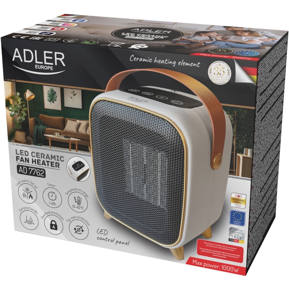 Тепловентилятор Adler AD 7762 керамічний/ 1000 Вт/ 2 рівні потужності/ LED Display/ (AD7762) Білий на малюнкі №7
