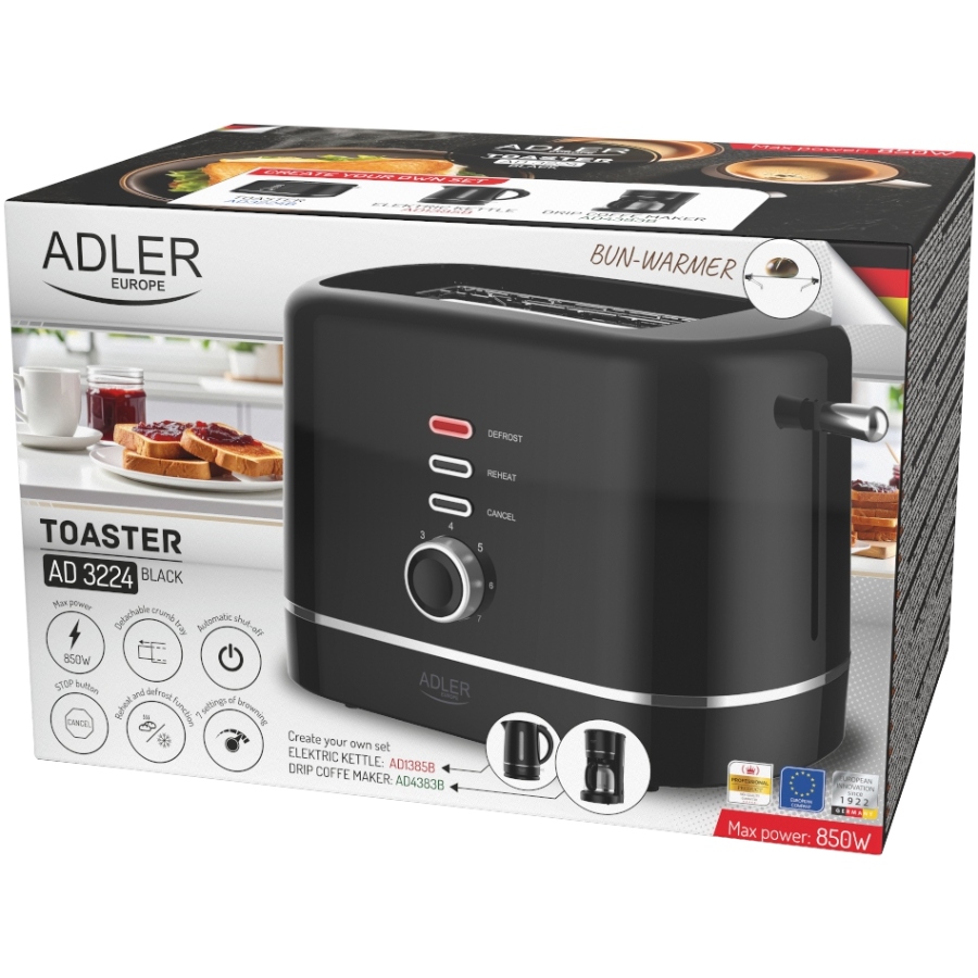 Тостер Adler AD 3224 black 850Вт/ 2 відділення/7 режимів підсмажування/розморожування/підігрів булок (AD3224B) Чорний на малюнкі №6