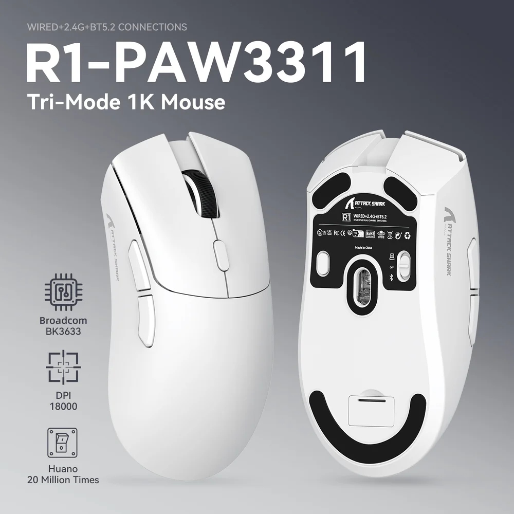 Мишка Attack Shark R1, Wireless/Bluetooth, 18000dpi, (PAW3311), 6кн, White (R1W_AS) Білий на малюнкі №4