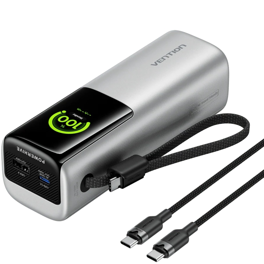 УМБ Vention 27000mAh 200W PD3.1, USB-A, USB-C In/Out, with Built-in USB-C Cable, TFT Display, Silver (FKGI0) на малюнкі №1