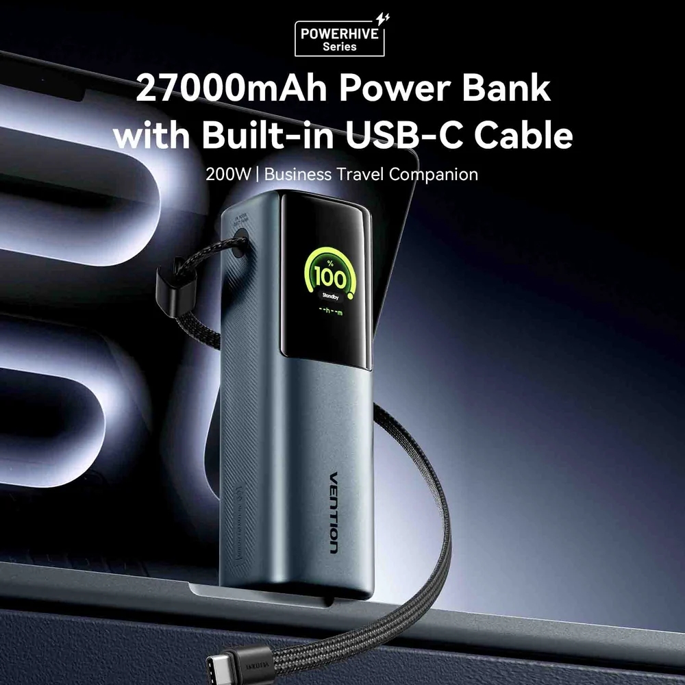 УМБ Vention 27000mAh 200W PD3.1, USB-A, USB-C In/Out, with Built-in USB-C Cable, TFT Display, Silver (FKGI0) на малюнкі №2