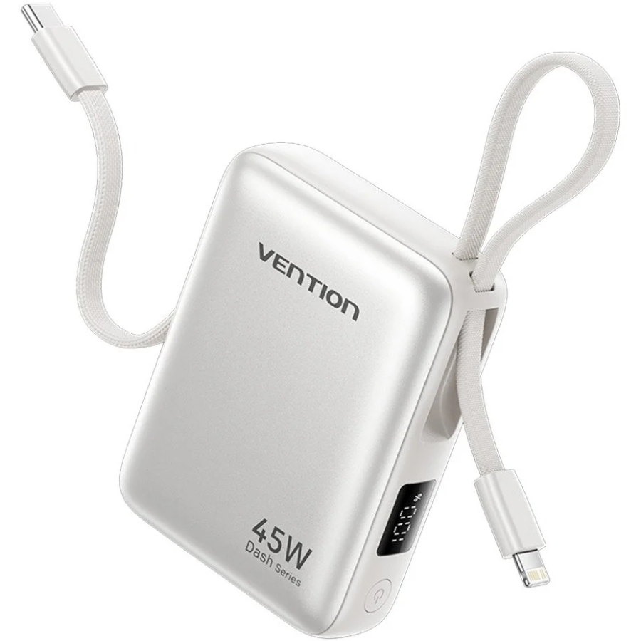 УМБ Vention 10000mAh 45W PD, QC3.0 USB-C In/Out, with Built-in USB-C and Lightning Cables Beige (FKMN0) на малюнкі №1