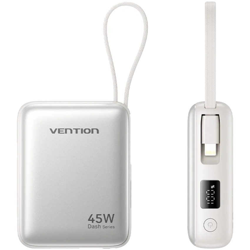 УМБ Vention 10000mAh 45W PD, QC3.0 USB-C In/Out, with Built-in USB-C and Lightning Cables Beige (FKMN0) на малюнкі №2