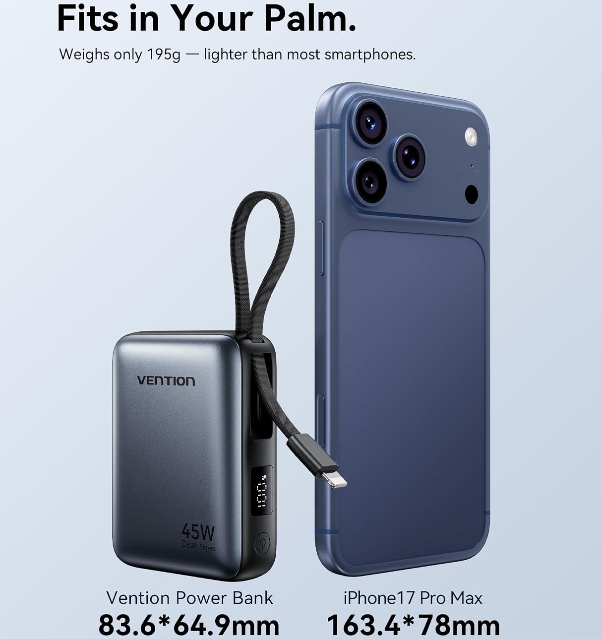 УМБ Vention 10000mAh 45W PD, QC3.0 USB-C In/Out, with Built-in USB-C and Lightning Cables Beige (FKMN0) на малюнкі №4