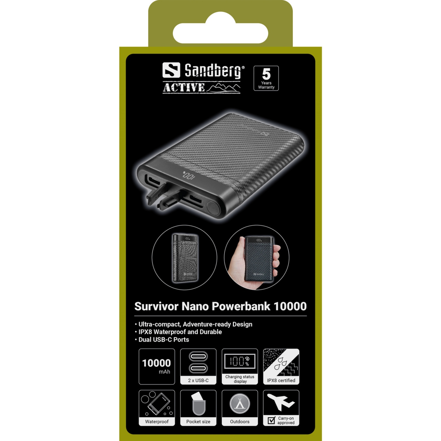 УМБ Sandberg 10000mAh 20W PD Survivor Nano Powerbank 2xUSB-C IN/OUT, IPX8 (421-32) на малюнкі №3