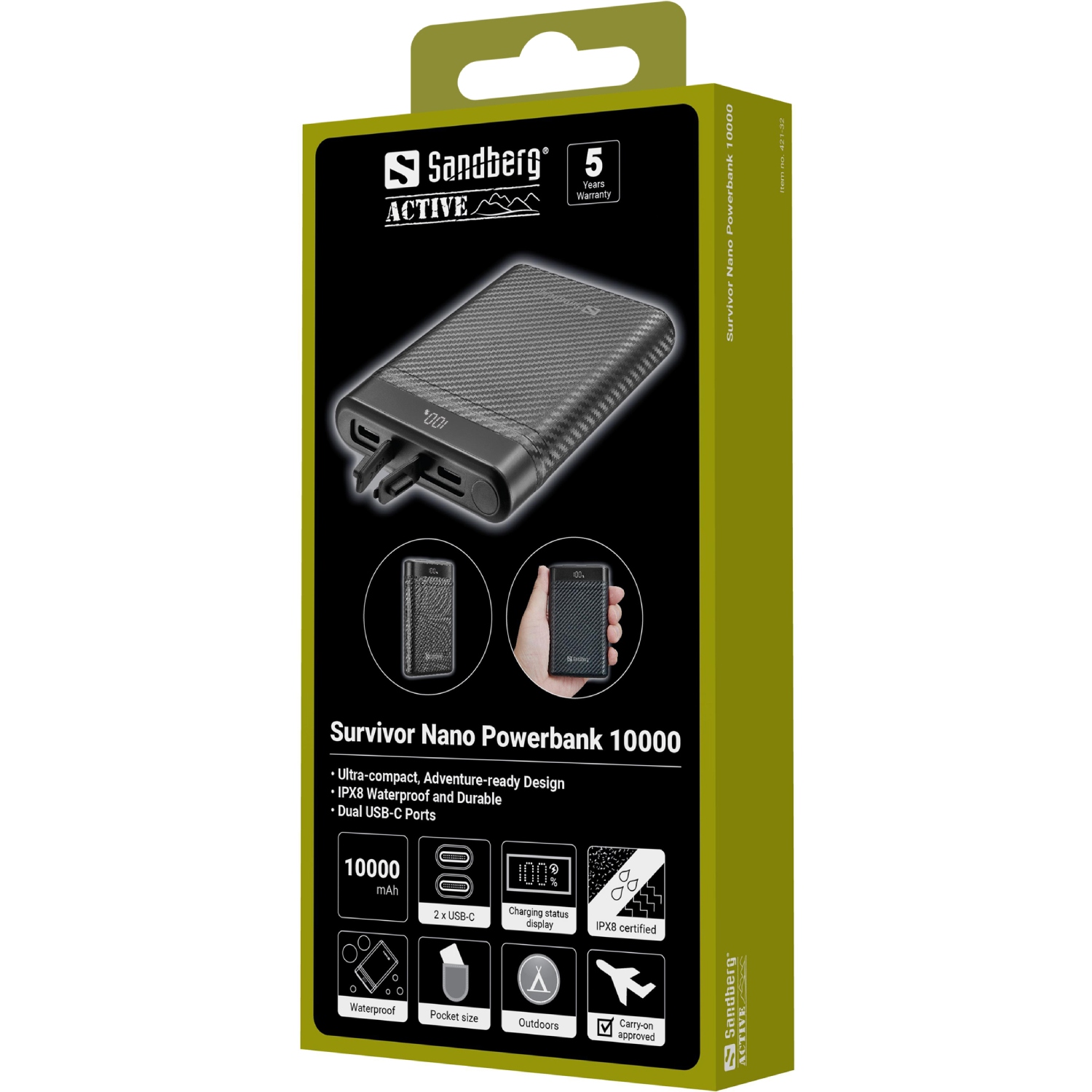 УМБ Sandberg 10000mAh 20W PD Survivor Nano Powerbank 2xUSB-C IN/OUT, IPX8 (421-32) на малюнкі №4