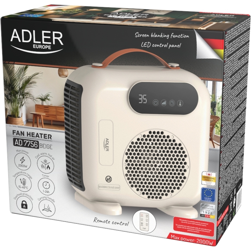 Тепловентилятор Adler AD 7756 класичний/ 2000 Вт/ 2 рівні потужності/ пульт ДУ/ (AD7756) Бежевий на малюнкі №6