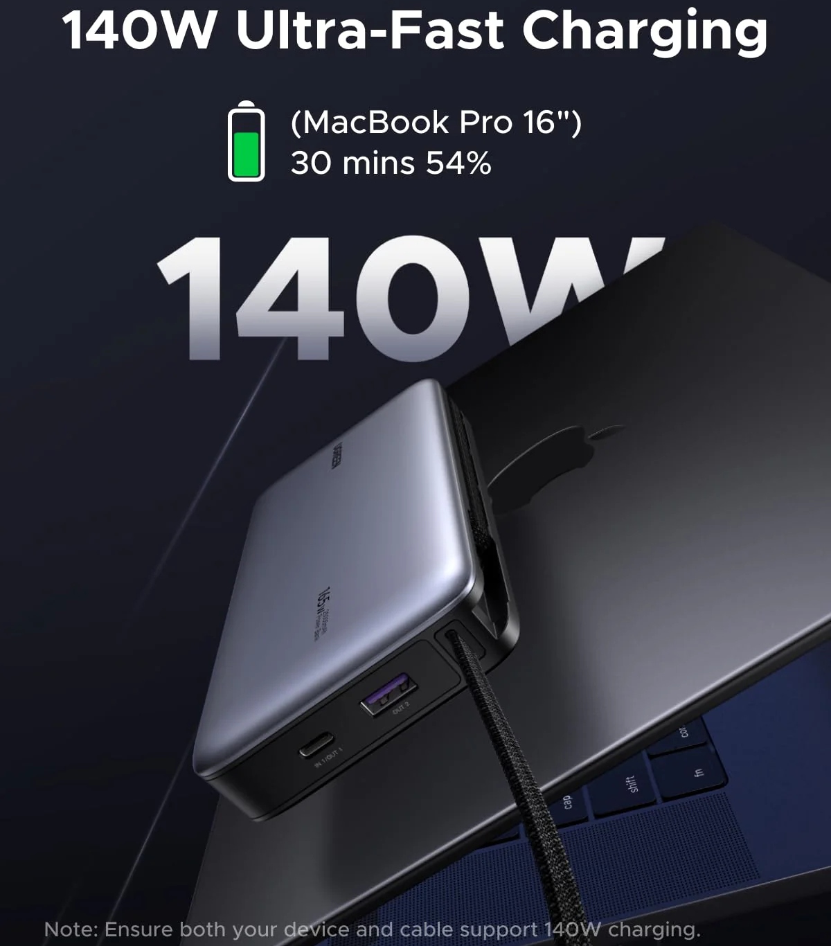 УМБ Ugreen 25000mAh 165W PD3.1/QC, USB-A,USB-С IN/OUT, with built in 2xUSB-C cables (PB552) Gray (55995B) на малюнкі №4