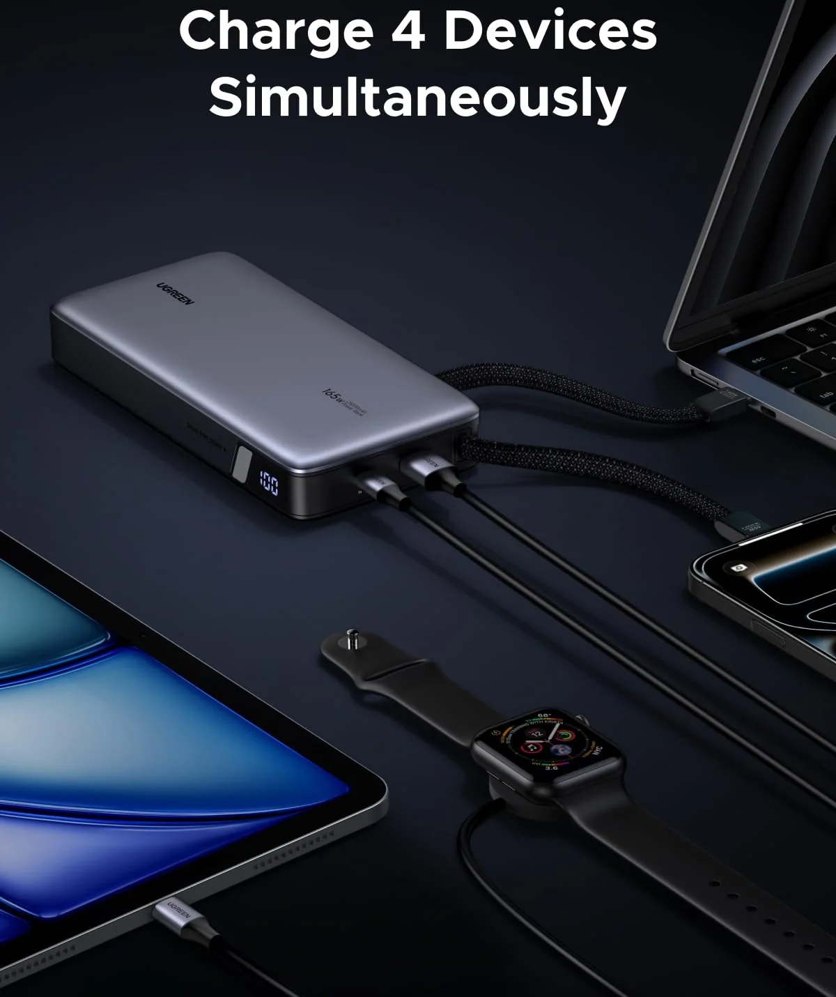 УМБ Ugreen 25000mAh 165W PD3.1/QC, USB-A,USB-С IN/OUT, with built in 2xUSB-C cables (PB552) Gray (55995B) на малюнкі №5