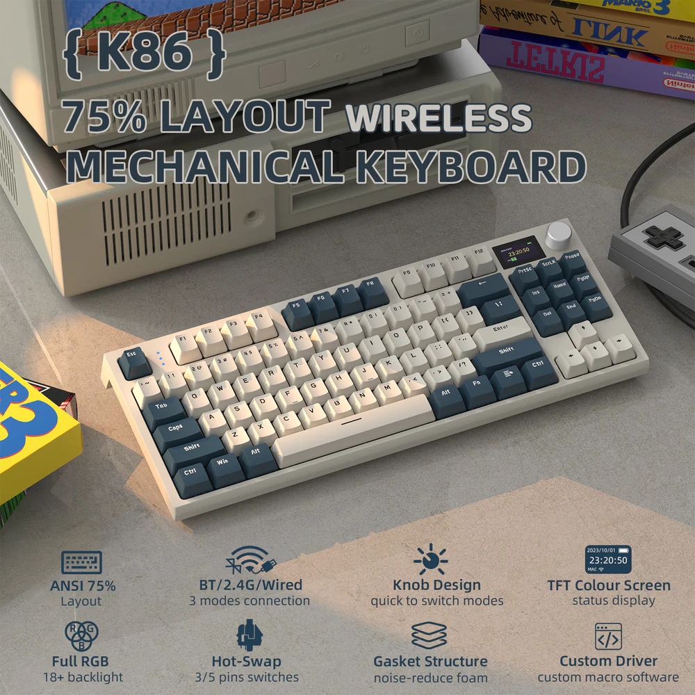 Клавіатура ігрова механічна Attack Shark K86 87кл.RGB, Wireless, TFT disp, Blue Whale Switch (K86RB_AS) Сірий на малюнкі №2