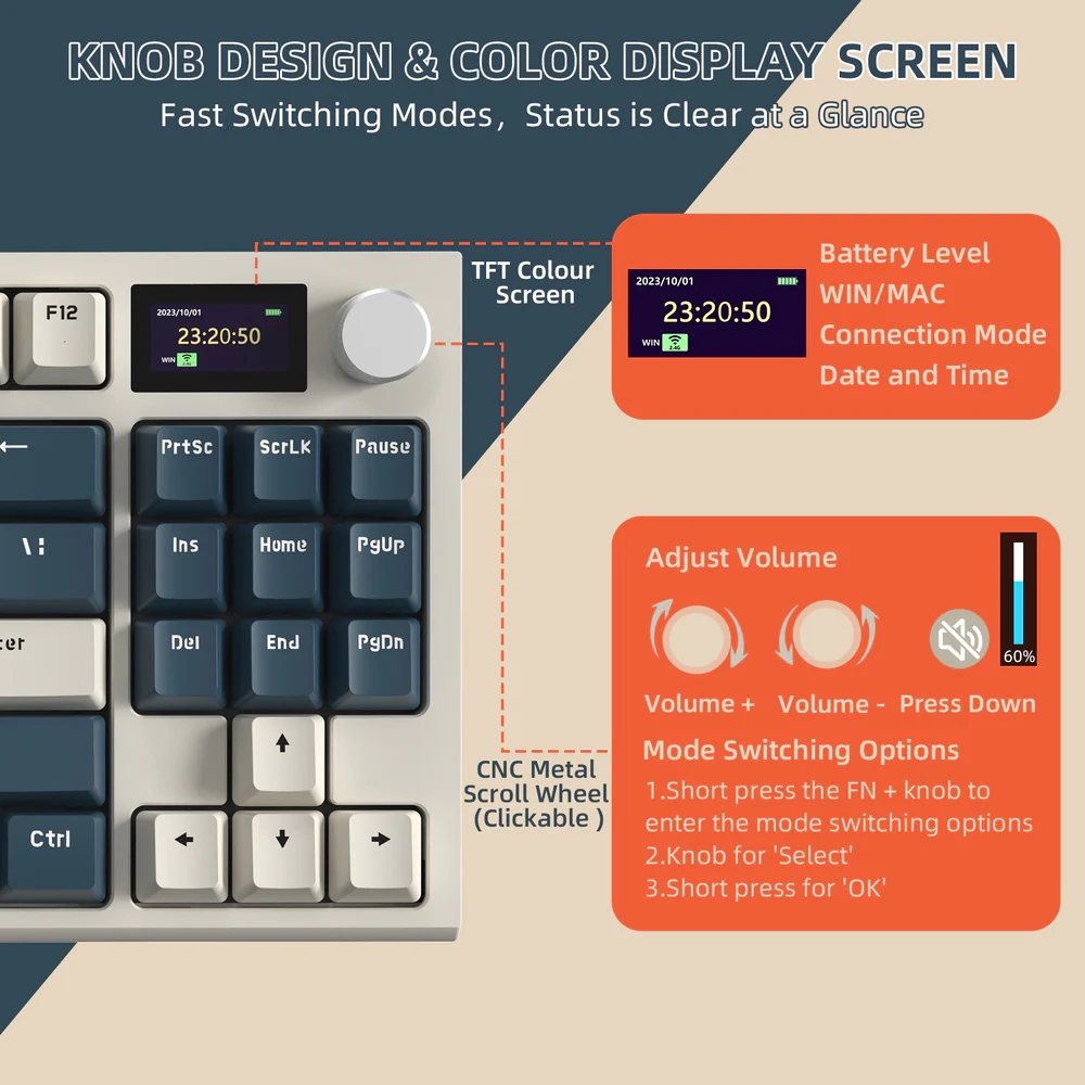 Клавіатура ігрова механічна Attack Shark K86 87кл.RGB, Wireless, TFT disp, Blue Whale Switch (K86RB_AS) Сірий на малюнкі №3