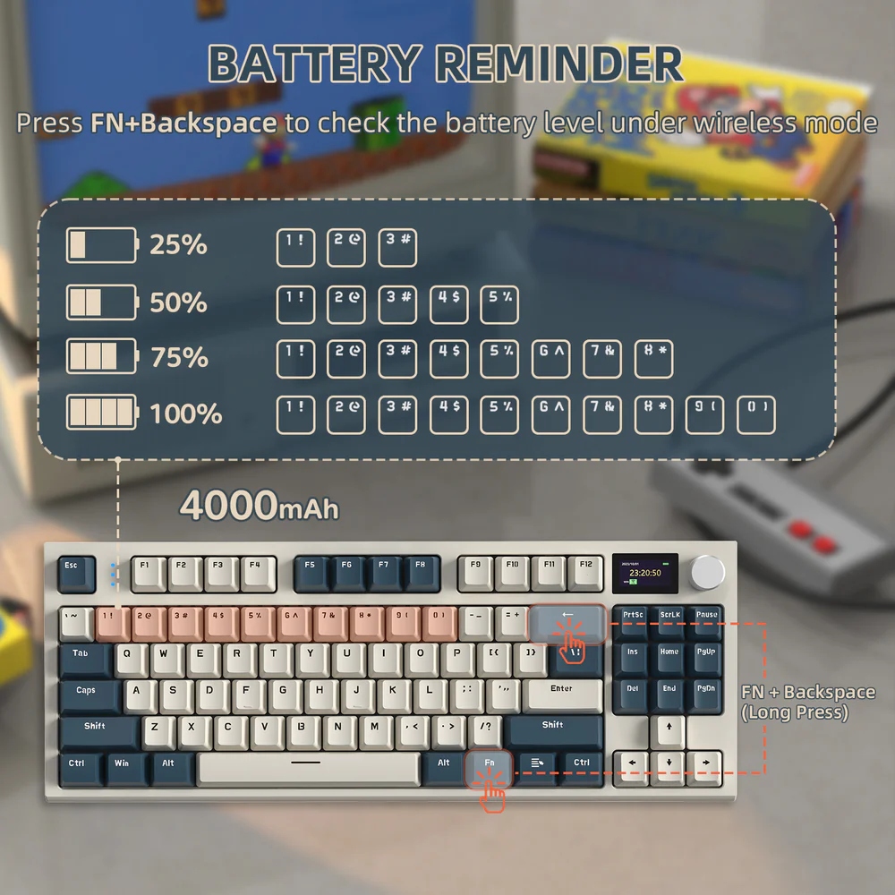 Клавіатура ігрова механічна Attack Shark K86 87кл.RGB, Wireless, TFT disp, Blue Whale Switch (K86RB_AS) Сірий на малюнкі №8