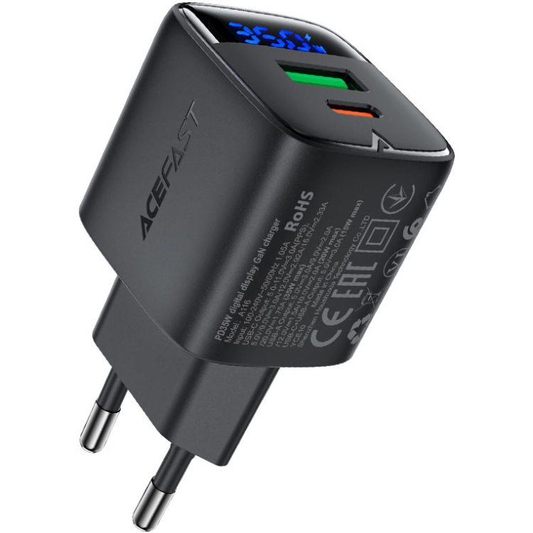Зарядний пристрій 2xUSB 35W (USB-C+USB-A) with digital display Gan A116 Black Acefast (6974316284468) на малюнкі №1