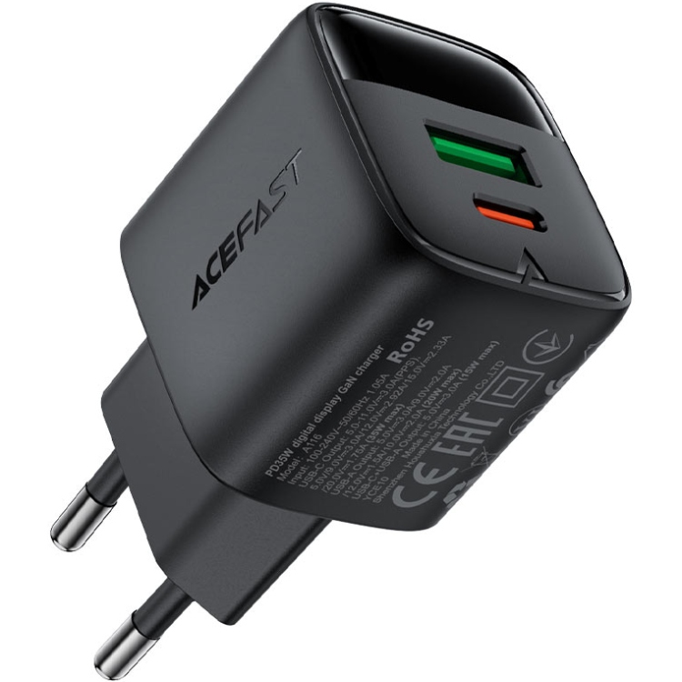 Зарядний пристрій 2xUSB 35W (USB-C+USB-A) with digital display Gan A116 Black Acefast (6974316284468) на малюнкі №4
