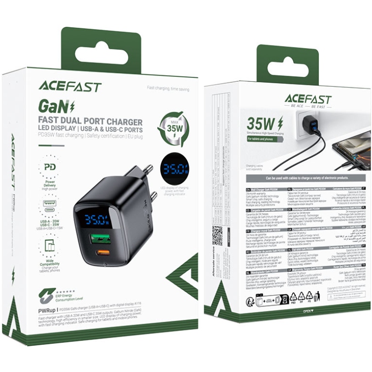 Зарядний пристрій 2xUSB 35W (USB-C+USB-A) with digital display Gan A116 Black Acefast (6974316284468) на малюнкі №6