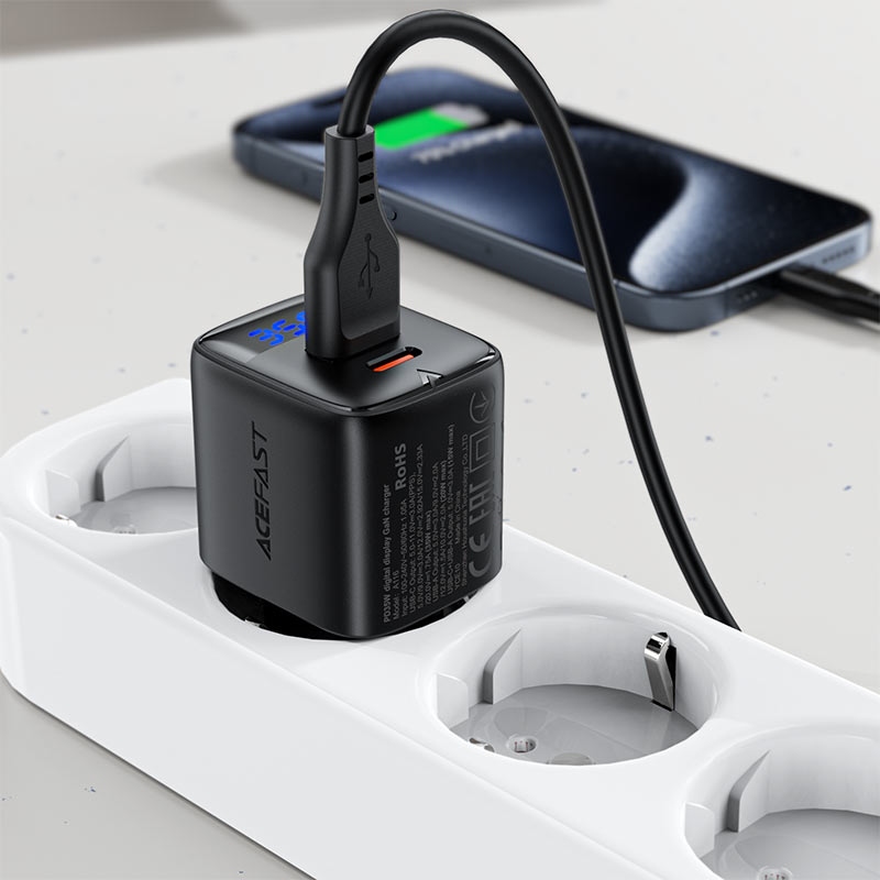 Зарядний пристрій 2xUSB 35W (USB-C+USB-A) with digital display Gan A116 Black Acefast (6974316284468) на малюнкі №8