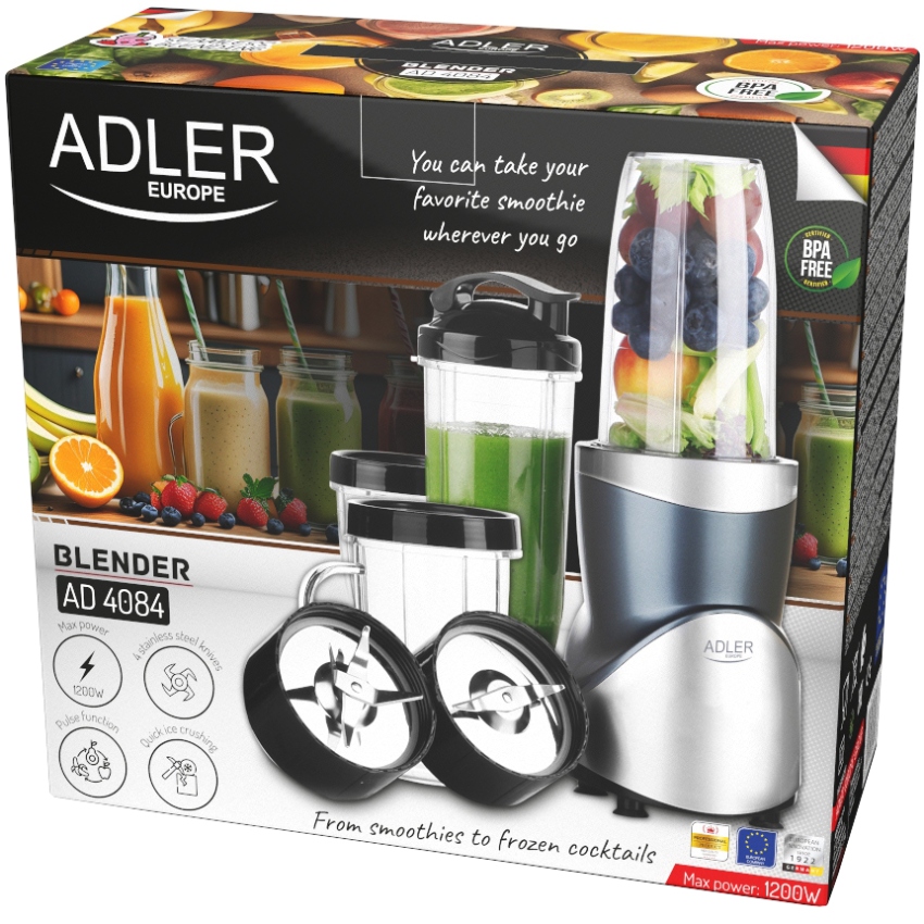 Фітнес-блендер Adler AD 4084 500Вт/ Pulse/ 4 скляні пляшки 700мл, 2x500мл, 300мл (AD4084) Сірий на малюнкі №8
