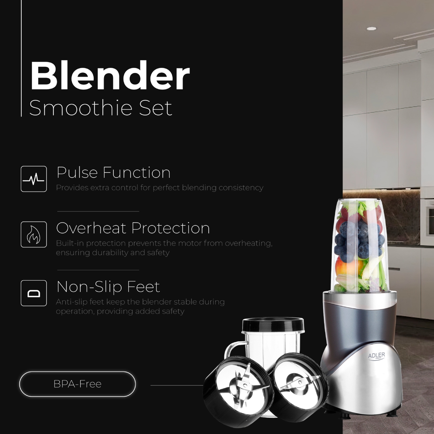 Фітнес-блендер Adler AD 4084 500Вт/ Pulse/ 4 скляні пляшки 700мл, 2x500мл, 300мл (AD4084) Сірий на малюнкі №13