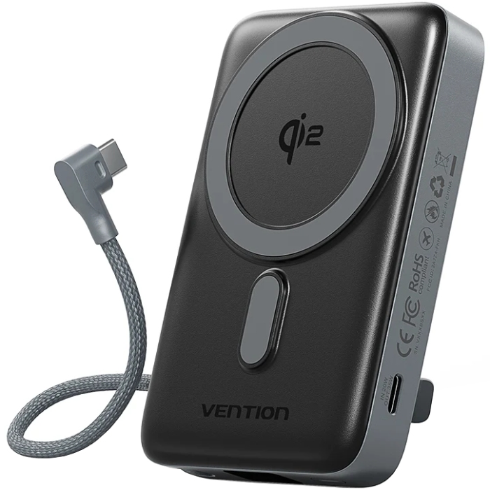 УМБ Vention Magnetic Wireless 10000mAh 35W PD USB-C In/Out, with built-in USB-C cable, QI-2 15W Gray (FKHH0) на малюнкі №1