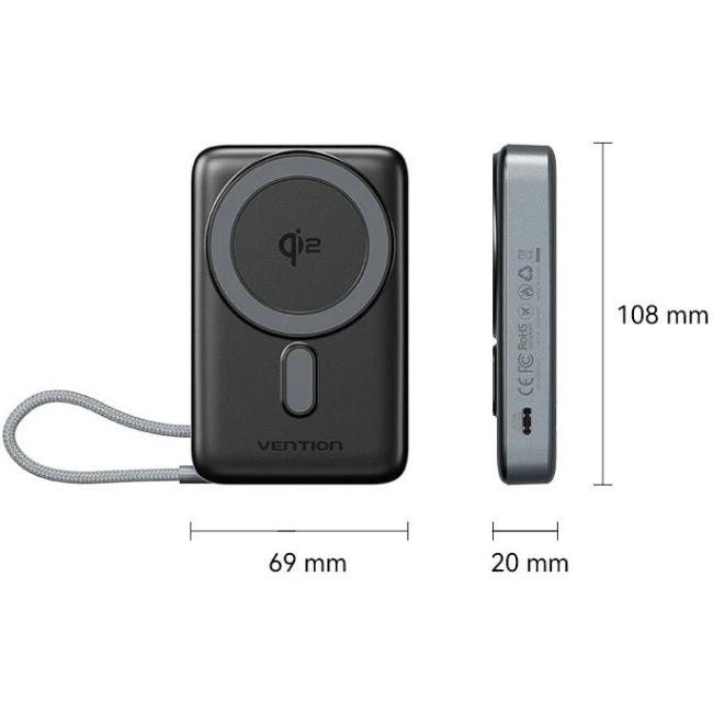 УМБ Vention Magnetic Wireless 10000mAh 35W PD USB-C In/Out, with built-in USB-C cable, QI-2 15W Gray (FKHH0) на малюнкі №2
