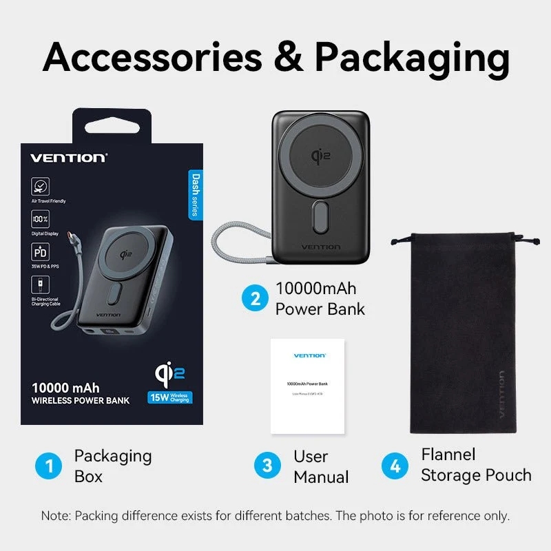 УМБ Vention Magnetic Wireless 10000mAh 35W PD USB-C In/Out, with built-in USB-C cable, QI-2 15W Gray (FKHH0) на малюнкі №3