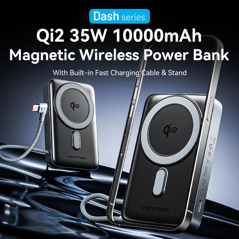 УМБ Vention Magnetic Wireless 10000mAh 35W PD USB-C In/Out, with built-in USB-C cable, QI-2 15W Gray (FKHH0) на малюнкі №4