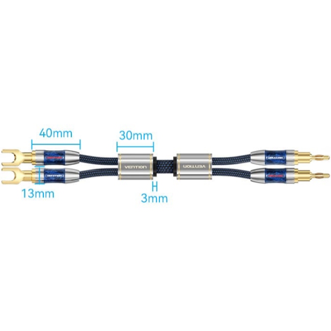 HiFi Audio Speaker Cable 2.0м,Banana-Spade 2xM/M,4N OFC Silver, Gold-Plated,TPE + обплетення,Vention (BLCLH) Синій на малюнкі №2