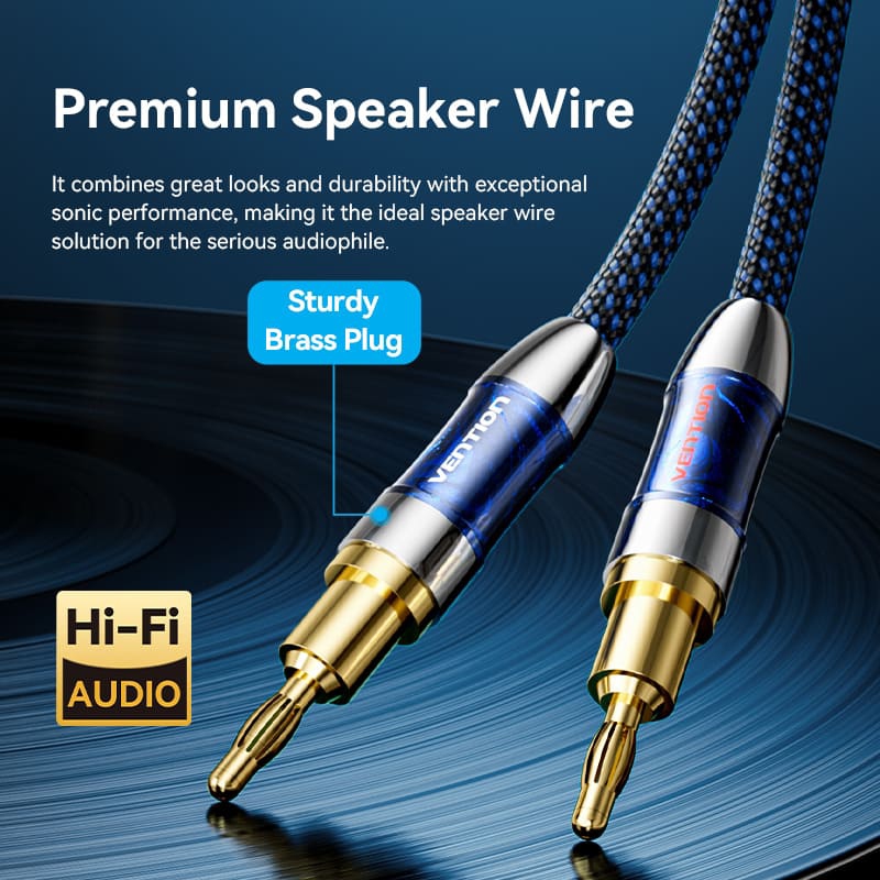 HiFi Audio Speaker Cable 2.0м,Banana-Spade 2xM/M,4N OFC Silver, Gold-Plated,TPE + обплетення,Vention (BLCLH) Синій на малюнкі №6