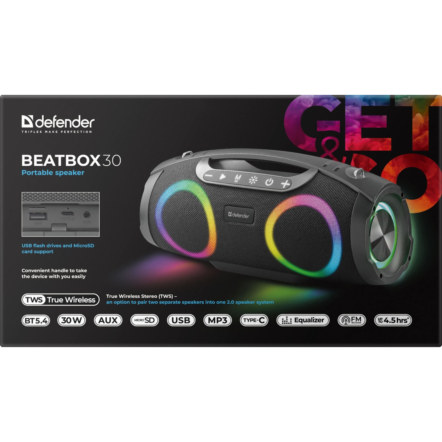 Акустична система 1.0 Defender Beatbox 30, 30Вт Bluetooth/RGB/FM/USB/TF/AUX/TWS чорна (65231) Чорний на малюнкі №7
