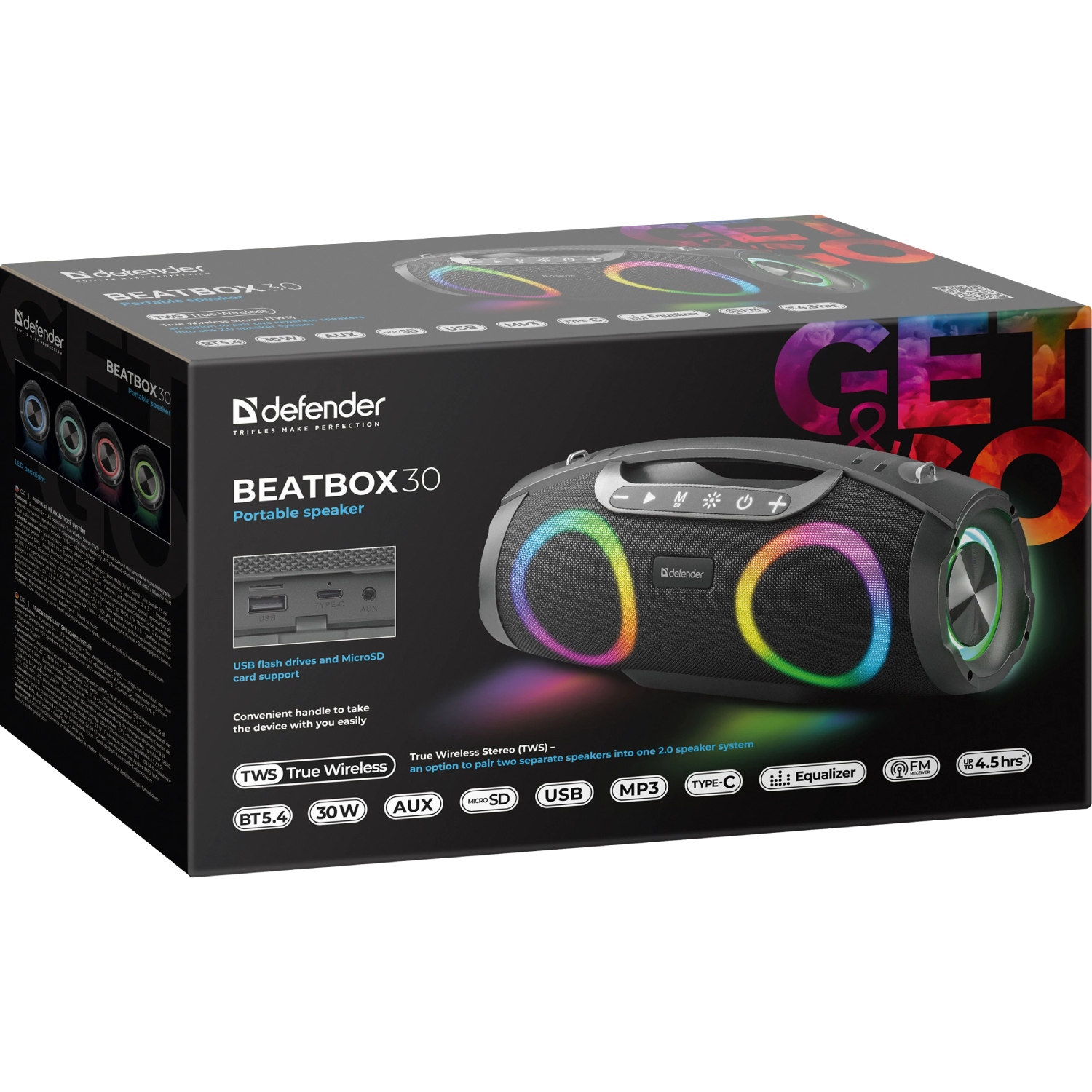Акустична система 1.0 Defender Beatbox 30, 30Вт Bluetooth/RGB/FM/USB/TF/AUX/TWS чорна (65231) Чорний на малюнкі №8
