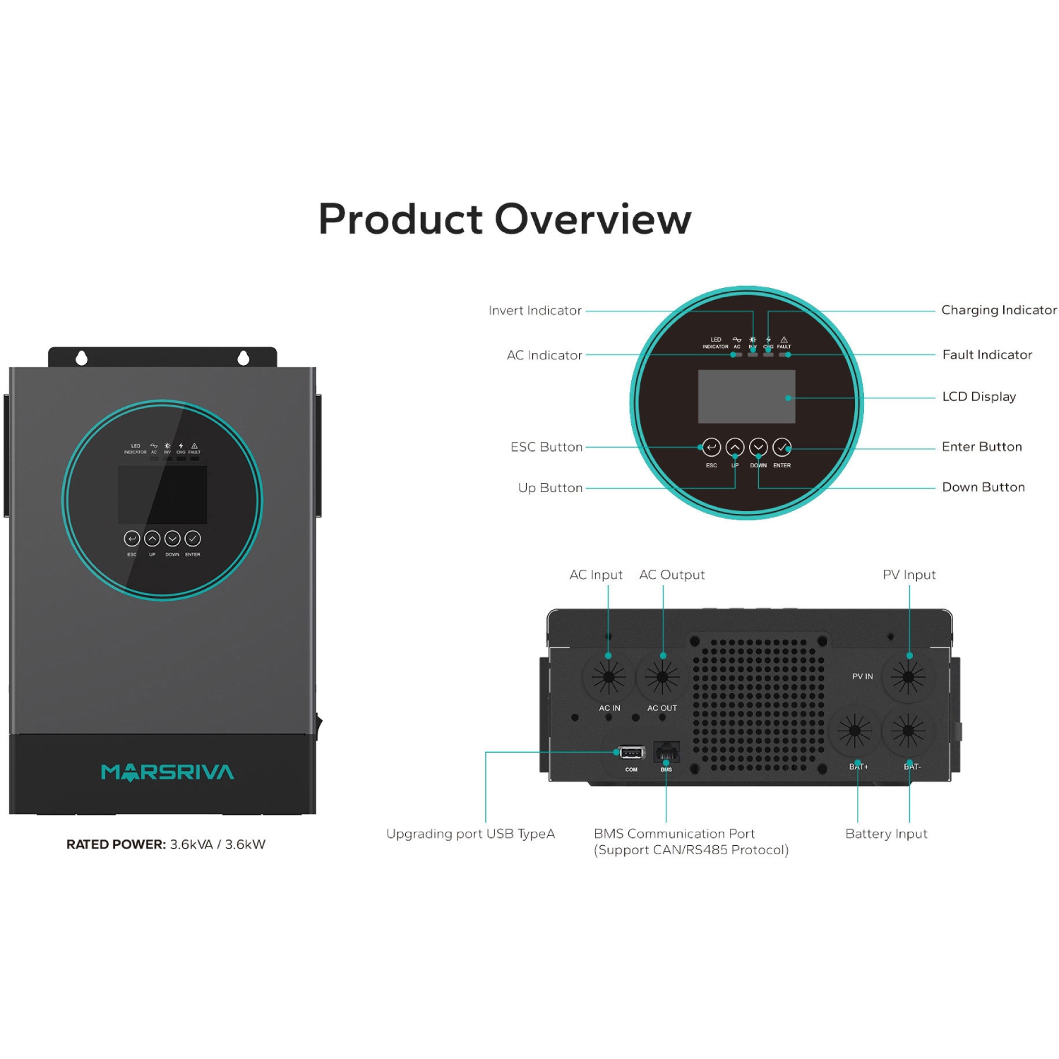 Інвертор Marsriva OFF-G 3.6 kW 230V RS232/RS485 CE PF1 VOL VM III 3,3 кВт TWIN-24V, з Wi-Fi (MR-SPF3.6K-LP1-TL20E) на малюнкі №6