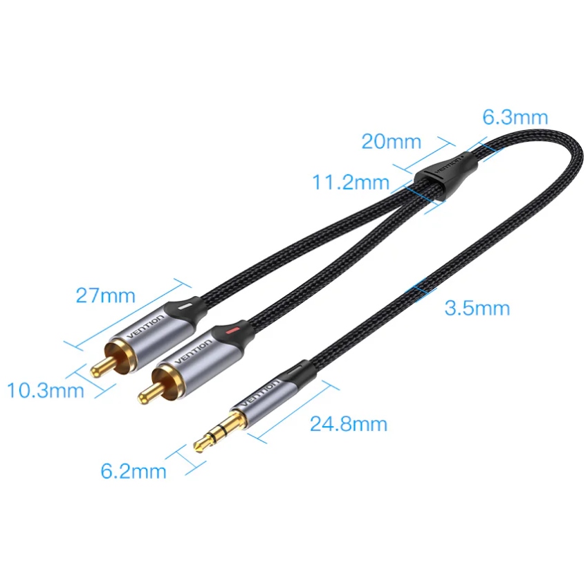 Кабель AUX Audio TRS - RCAx2 M/M 1.5 м, Gold-Plated, Aluminum alloy, чорний, Vention (BCNBG) Чорний на малюнкі №3