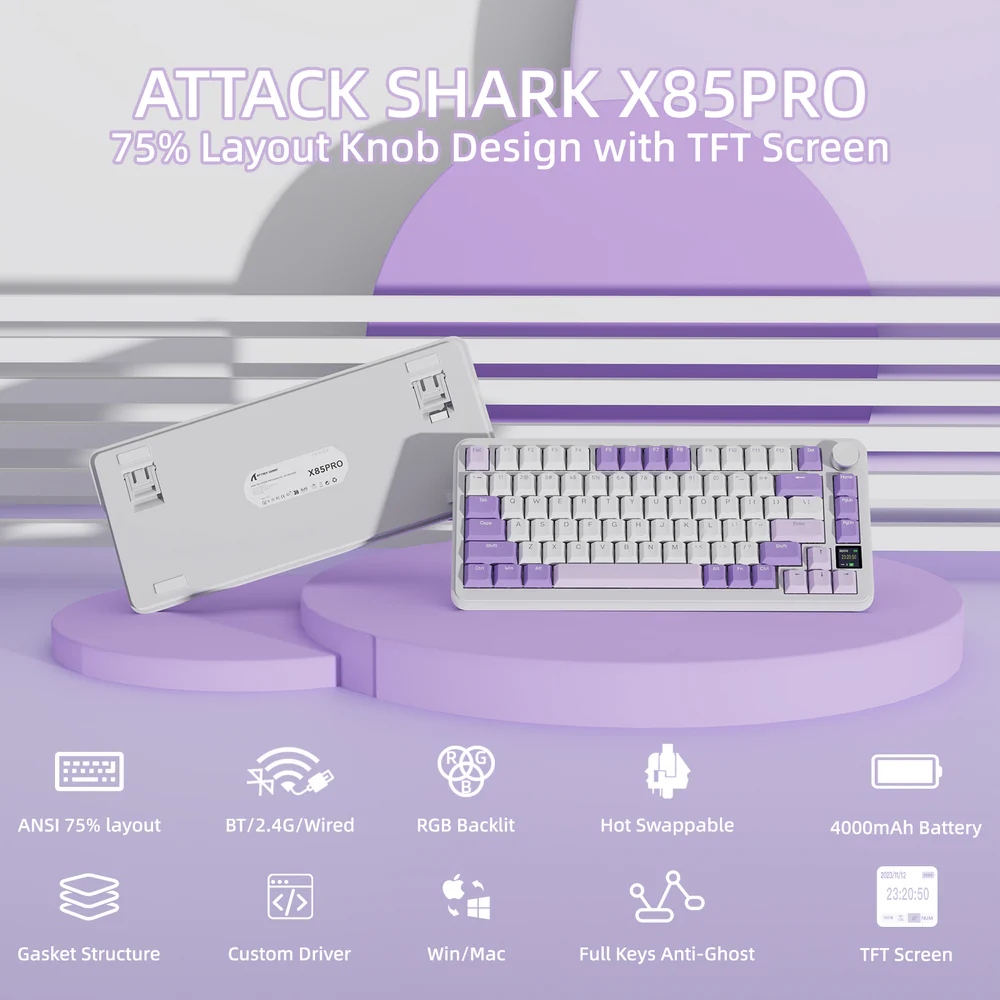 Клавіатура ігрова механічна Attack Shark X85PRO 82кл. RGB, Wireless, Lavender (X85PROL_AS) Білий на малюнкі №2