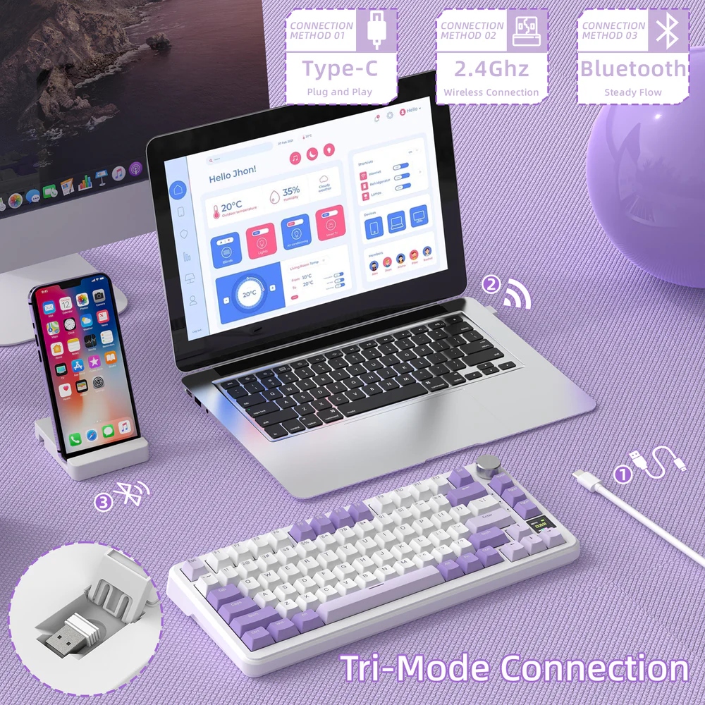Клавіатура ігрова механічна Attack Shark X85PRO 82кл. RGB, Wireless, Lavender (X85PROL_AS) Білий на малюнкі №4