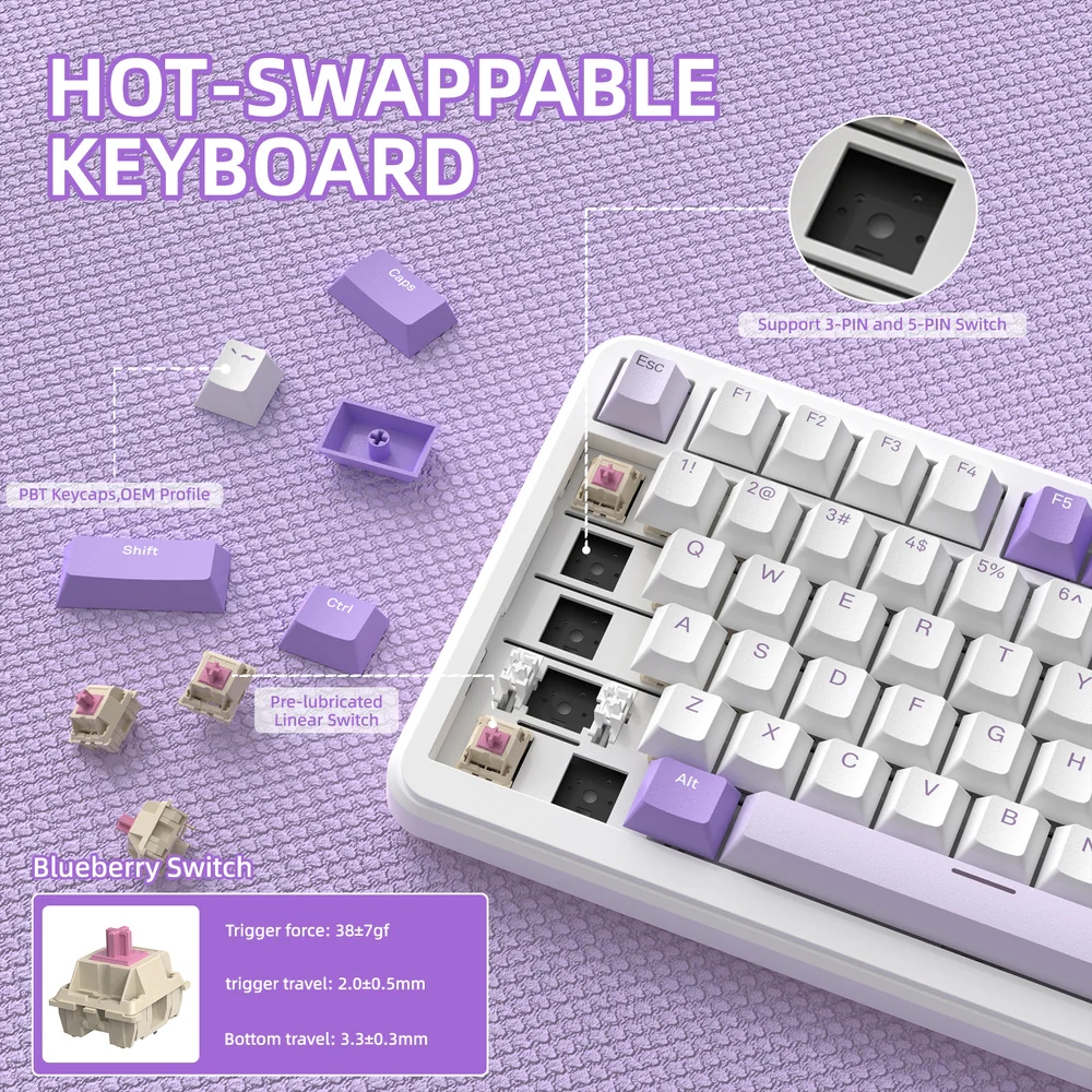 Клавіатура ігрова механічна Attack Shark X85PRO 82кл. RGB, Wireless, Lavender (X85PROL_AS) Білий на малюнкі №7