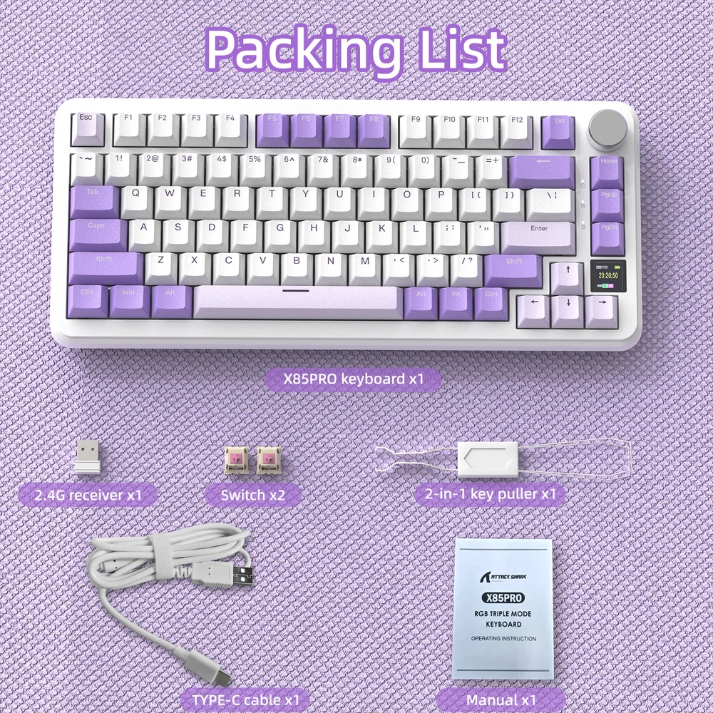 Клавіатура ігрова механічна Attack Shark X85PRO 82кл. RGB, Wireless, Lavender (X85PROL_AS) Білий на малюнкі №9