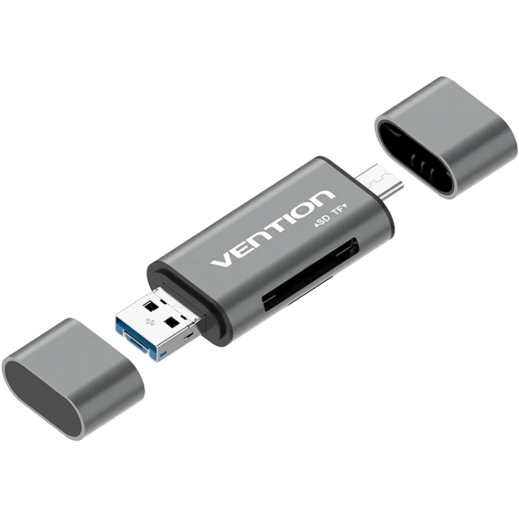 Card Reader USB 3.0, 2-слота SD/TF, USB-A/USB-C/Micro USB, Aluminum Alloy,чорний Vention (CCHH0) на малюнкі №1