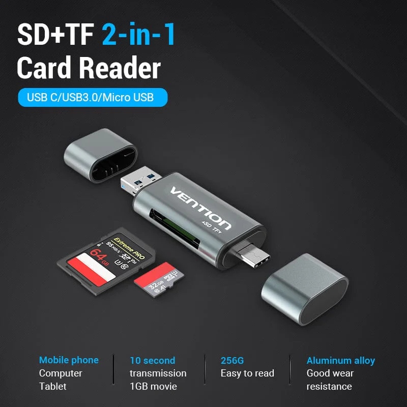 Card Reader USB 3.0, 2-слота SD/TF, USB-A/USB-C/Micro USB, Aluminum Alloy,чорний Vention (CCHH0) на малюнкі №4