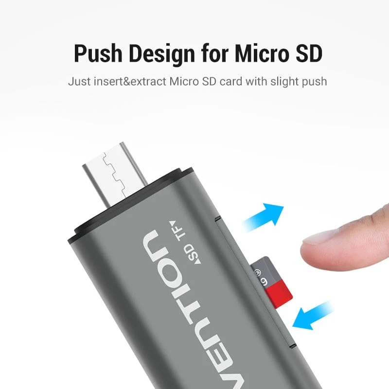 Card Reader USB 3.0, 2-слота SD/TF, USB-A/USB-C/Micro USB, Aluminum Alloy,чорний Vention (CCHH0) на малюнкі №7