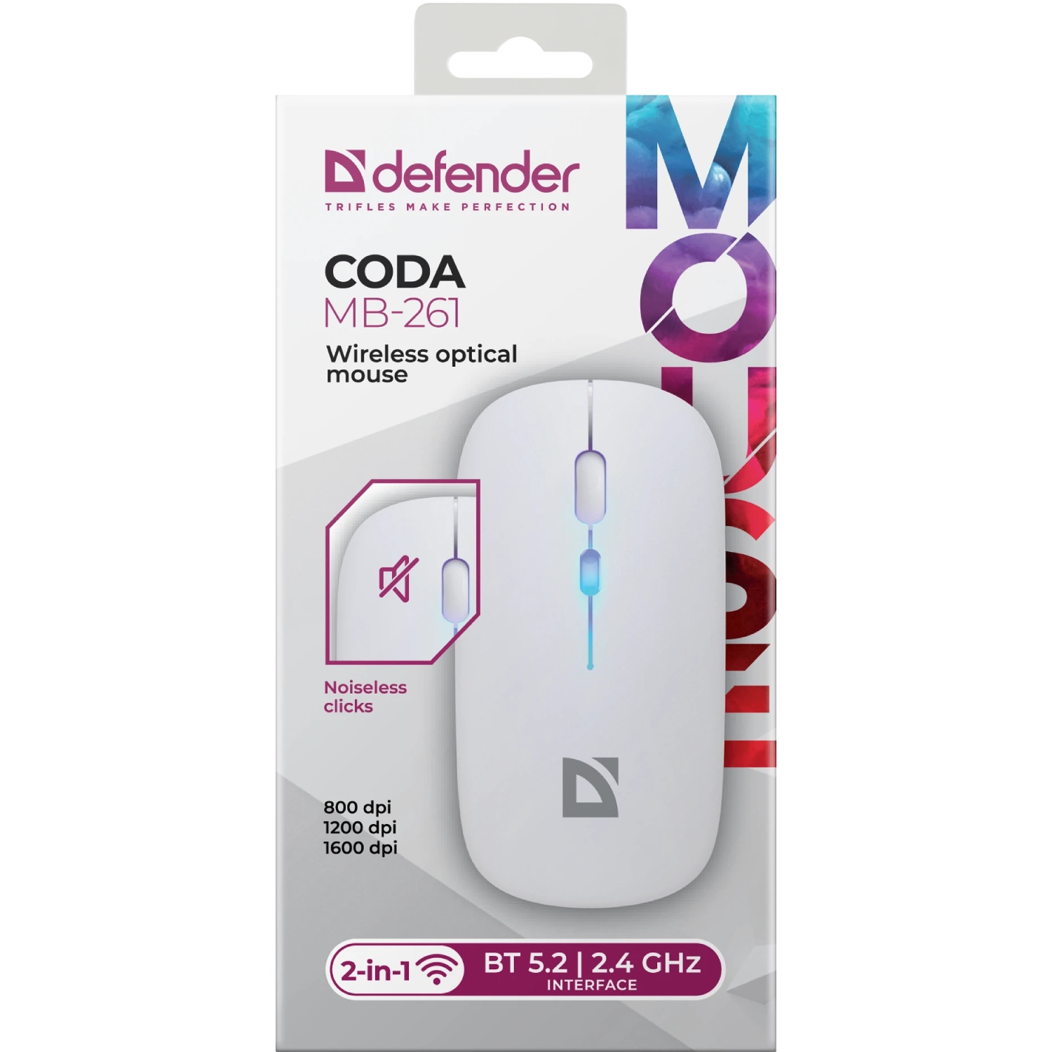 Мишка Defender Coda MB-261 бездротова, Bluetooth+2.4 ГГц, ігрова, 3 кн. 1600 dpi, 300mAh, біла (52262) на малюнкі №4
